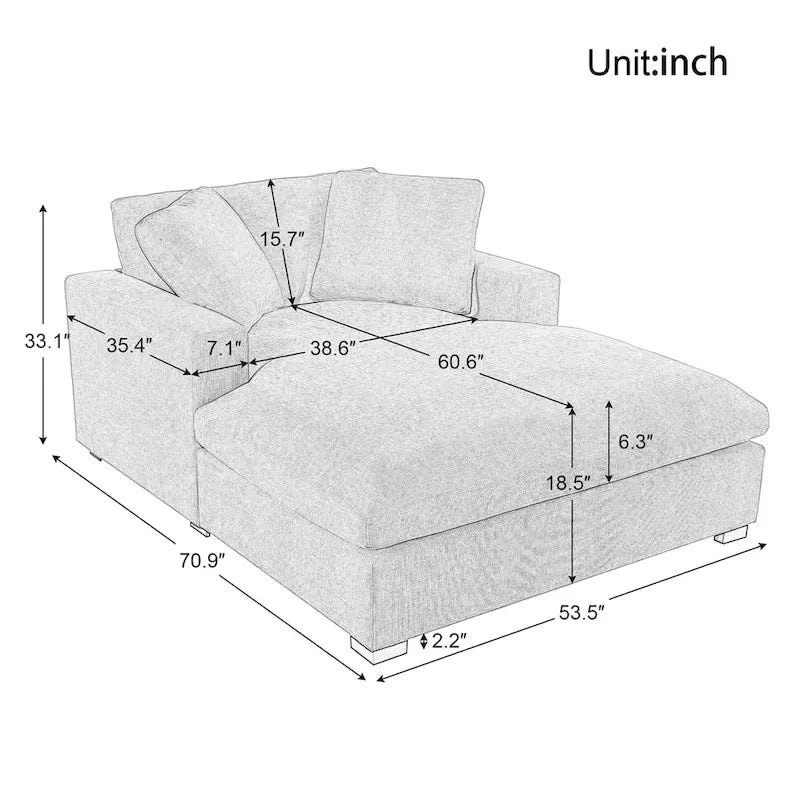 Chaise longue, tissu peluche, pieds en bois massif, 1–2 personnes