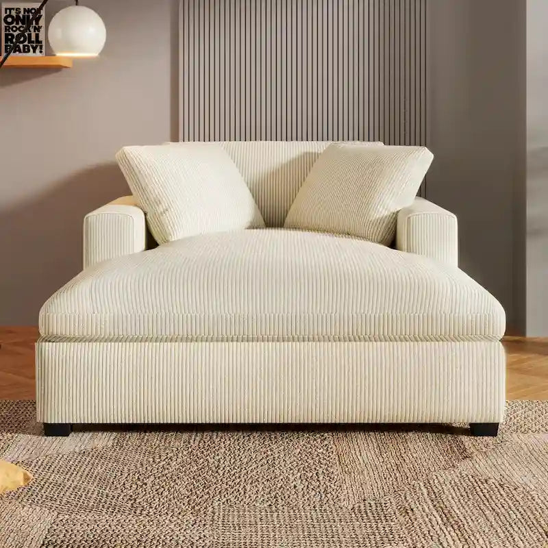Chaise longue, tissu peluche, pieds en bois massif, 1–2 personnes