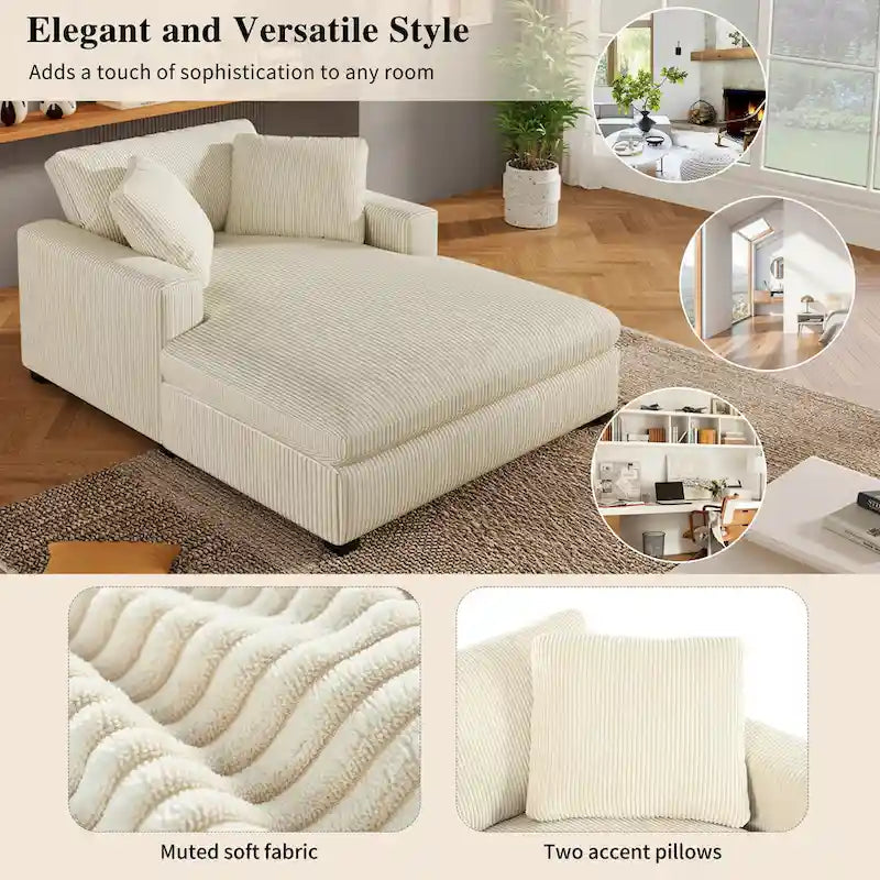 Chaise longue, tissu peluche, pieds en bois massif, 1–2 personnes