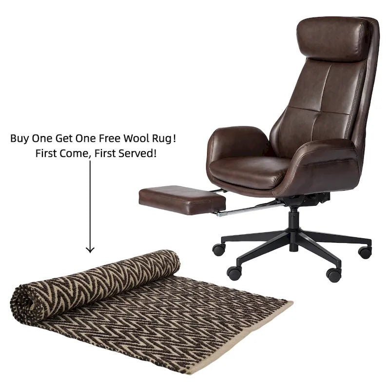 Fauteuil de bureau pivotant à dossier haut avec repose-pieds et accoudoirs, 1 personne, couleur café