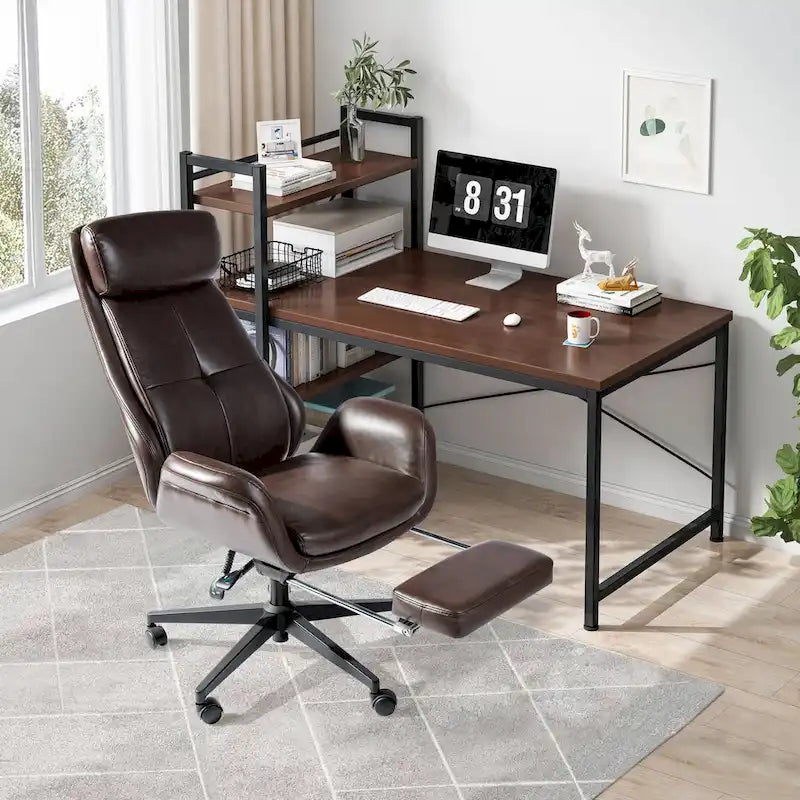 Fauteuil de bureau pivotant à dossier haut avec repose-pieds et accoudoirs, 1 personne, couleur café