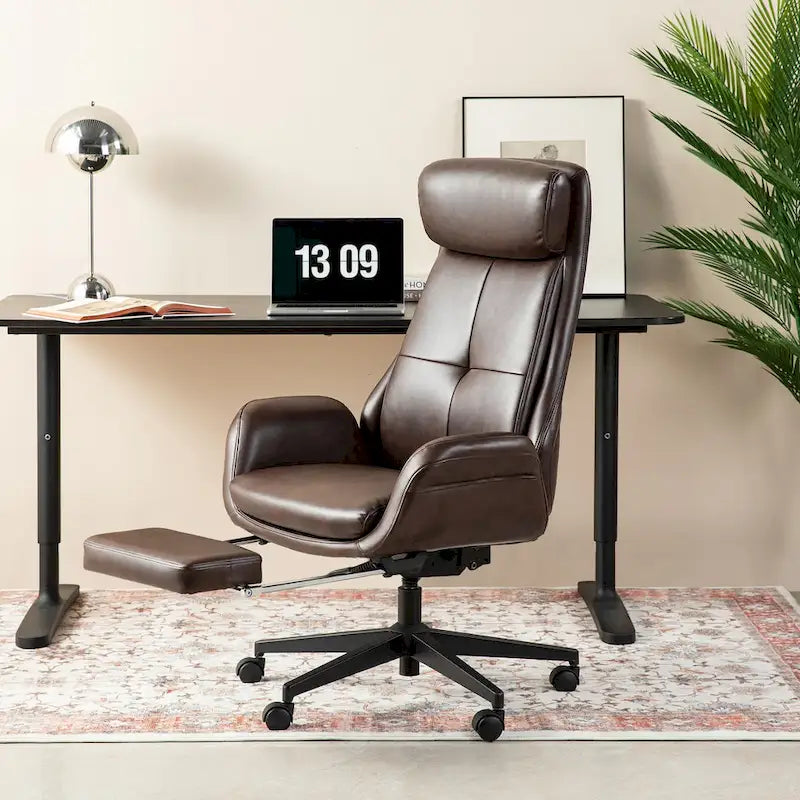 Fauteuil de bureau pivotant à dossier haut avec repose-pieds et accoudoirs, 1 personne, couleur café