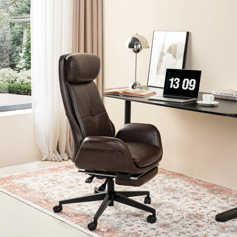 Fauteuil de bureau pivotant à dossier haut avec repose-pieds et accoudoirs, 1 personne, couleur café