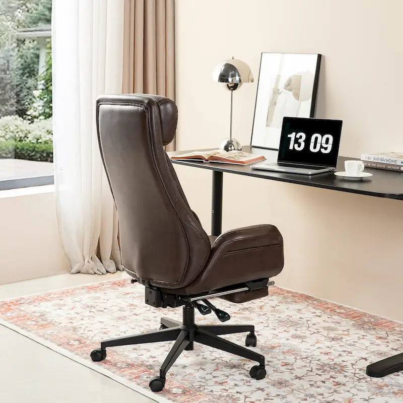 Fauteuil de bureau pivotant à dossier haut avec repose-pieds et accoudoirs, 1 personne, couleur café