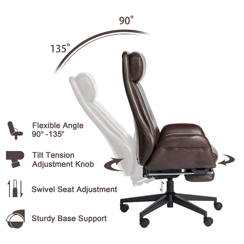 Fauteuil de bureau pivotant à dossier haut avec repose-pieds et accoudoirs, 1 personne, couleur café