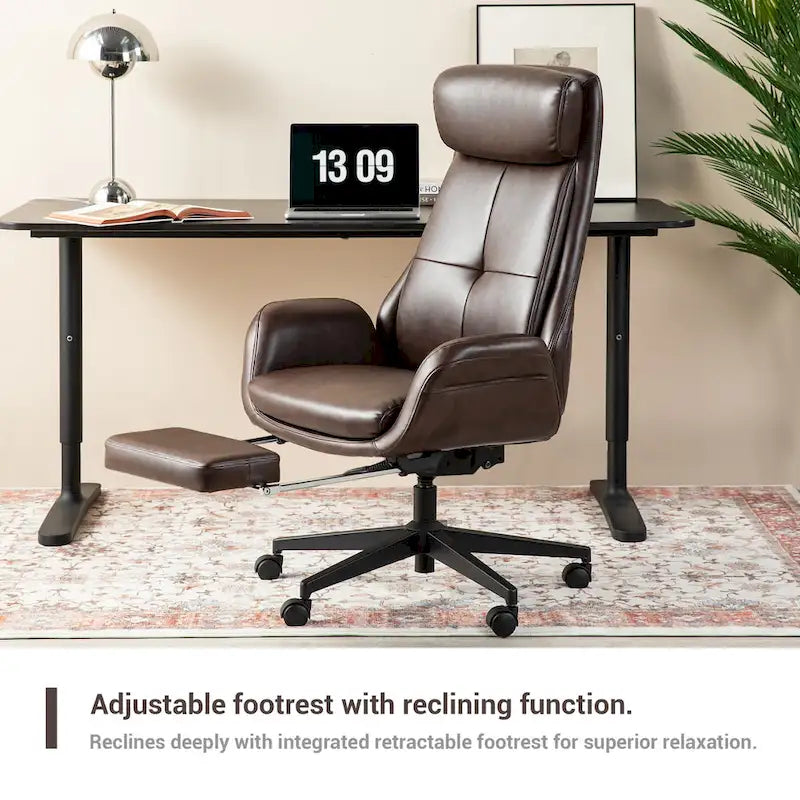 Fauteuil de bureau pivotant à dossier haut avec repose-pieds et accoudoirs, 1 personne, couleur café