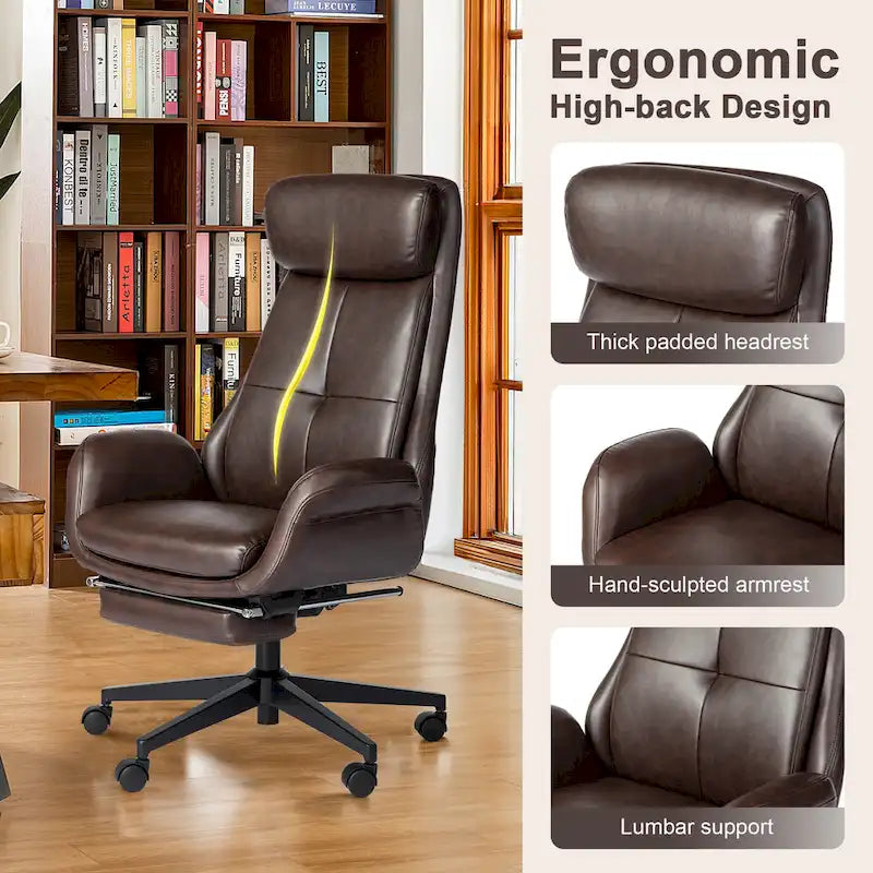 Fauteuil de bureau pivotant à dossier haut avec repose-pieds et accoudoirs, 1 personne, couleur café