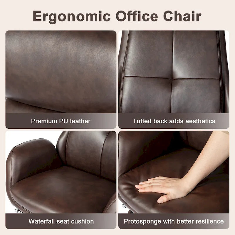 Fauteuil de bureau pivotant à dossier haut avec repose-pieds et accoudoirs, 1 personne, couleur café