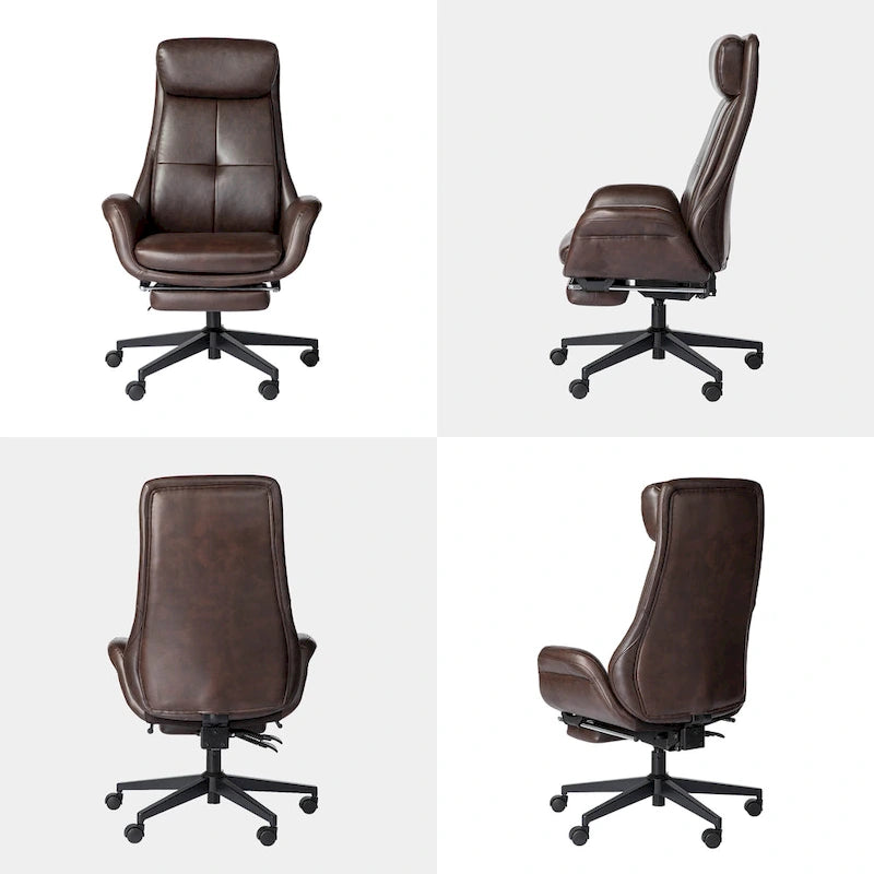 Fauteuil de bureau pivotant à dossier haut avec repose-pieds et accoudoirs, 1 personne, couleur café