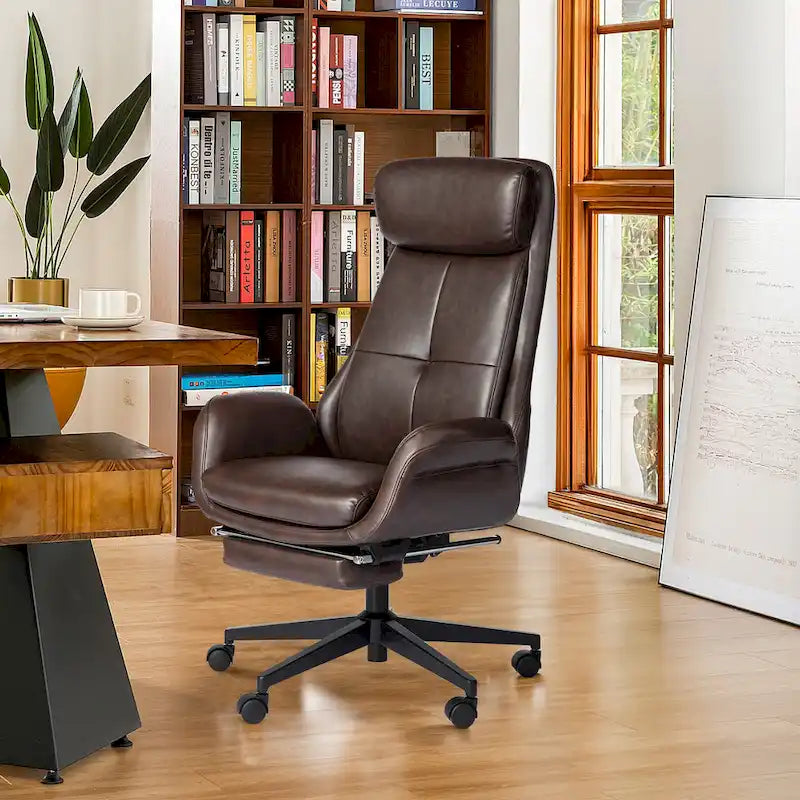 Fauteuil de bureau pivotant à dossier haut avec repose-pieds et accoudoirs, 1 personne, couleur café