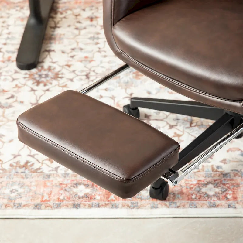 Fauteuil de bureau pivotant à dossier haut avec repose-pieds et accoudoirs, 1 personne, couleur café