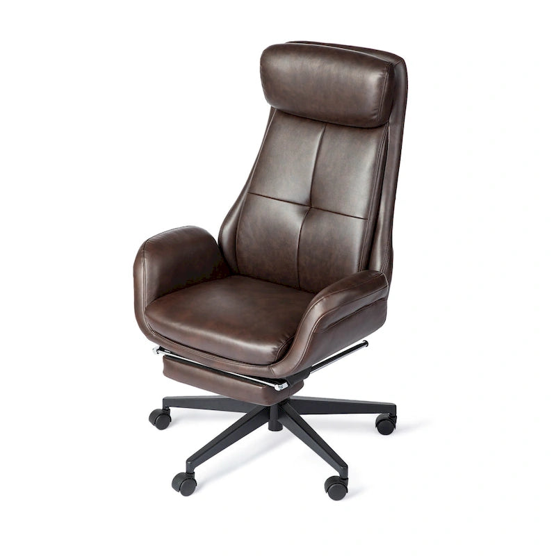 Fauteuil de bureau pivotant à dossier haut avec repose-pieds et accoudoirs, 1 personne, couleur café