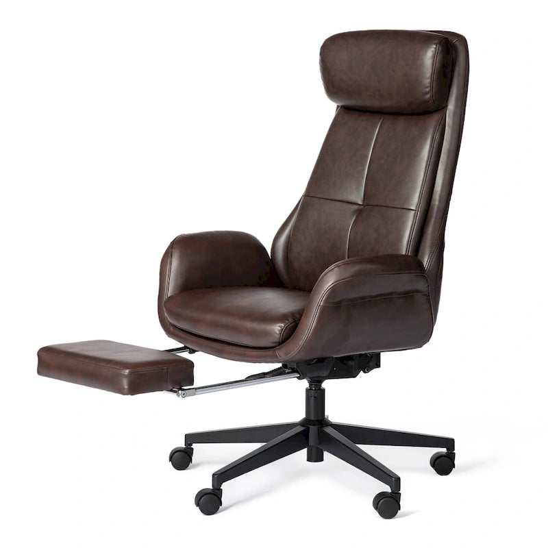 Fauteuil de bureau pivotant à dossier haut avec repose-pieds et accoudoirs, 1 personne, couleur café