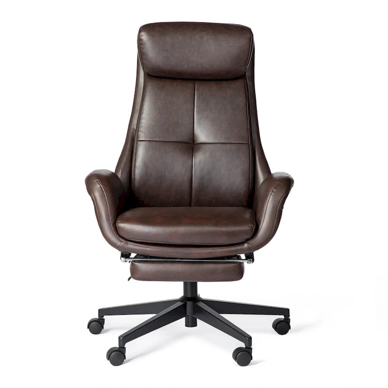 Fauteuil de bureau pivotant à dossier haut avec repose-pieds et accoudoirs, 1 personne, couleur café