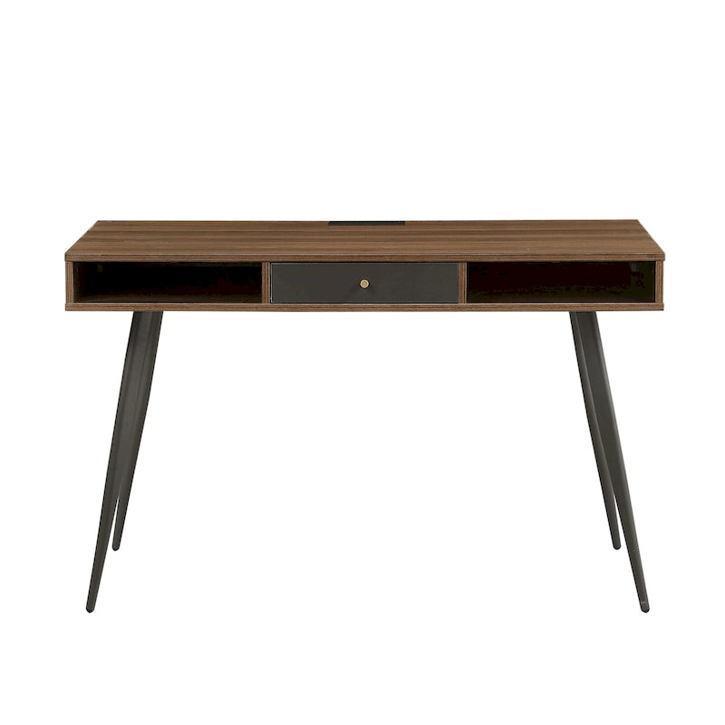 Bureau d'écriture noyer / noir mi-siècle avec tiroirs, ports USB et prise de courant, 1 personne