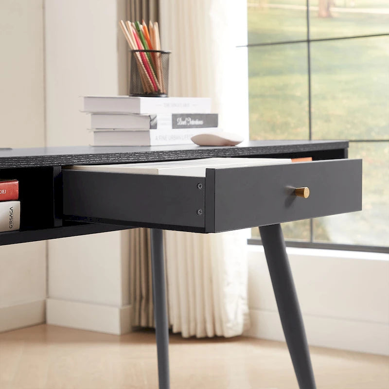 Bureau d'écriture noyer / noir mi-siècle avec tiroirs, ports USB et prise de courant, 1 personne