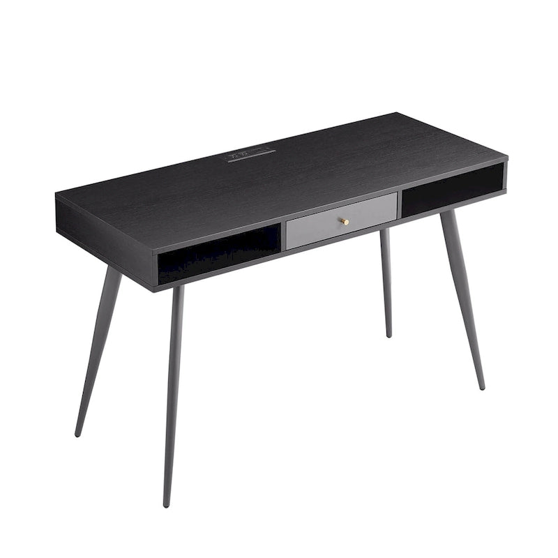 Bureau d'écriture noyer / noir mi-siècle avec tiroirs, ports USB et prise de courant, 1 personne