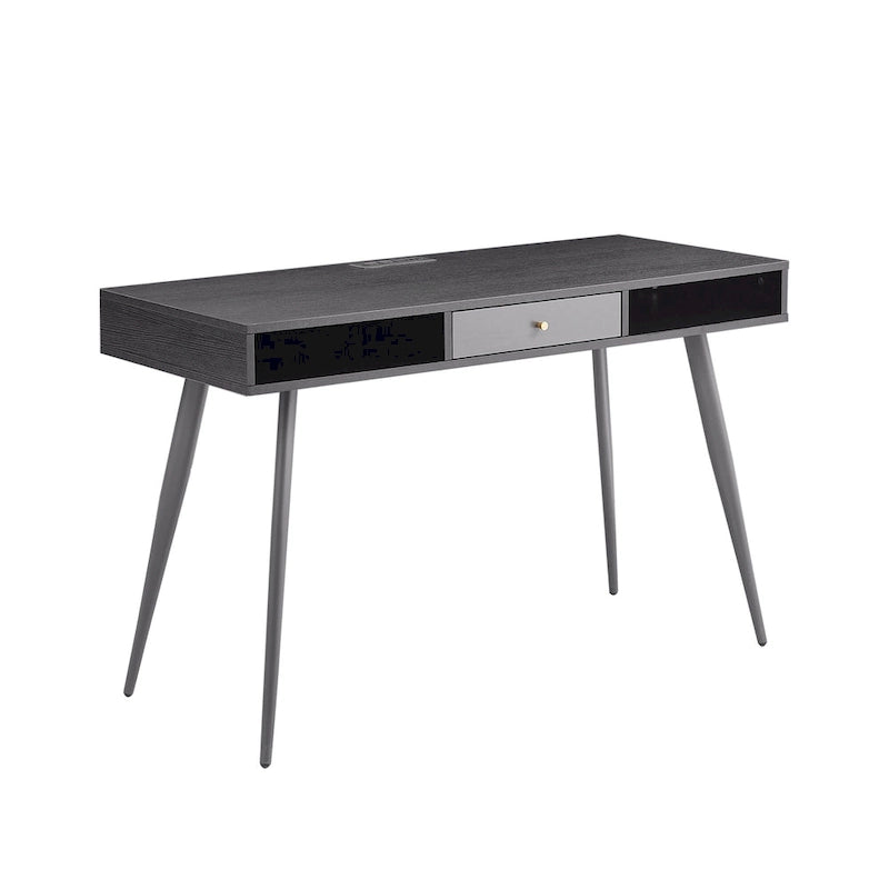 Bureau d'écriture noyer / noir mi-siècle avec tiroirs, ports USB et prise de courant, 1 personne