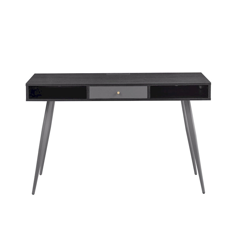 Bureau d'écriture noyer / noir mi-siècle avec tiroirs, ports USB et prise de courant, 1 personne