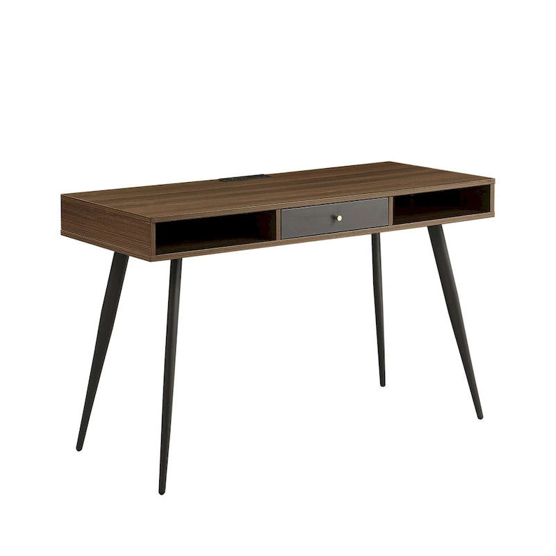 Bureau d'écriture noyer / noir mi-siècle avec tiroirs, ports USB et prise de courant, 1 personne