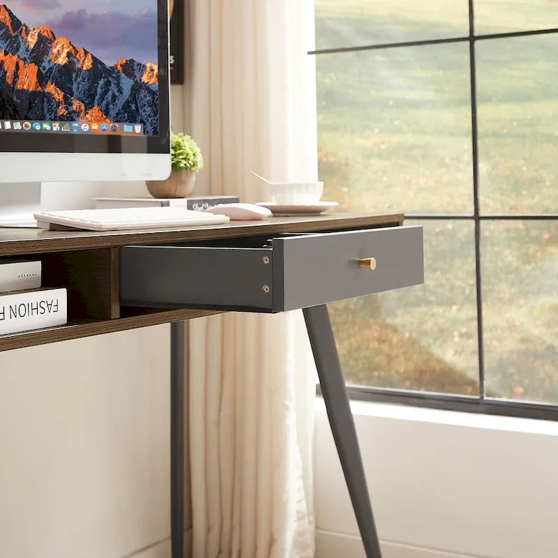 Bureau d'écriture noyer / noir mi-siècle avec tiroirs, ports USB et prise de courant, 1 personne