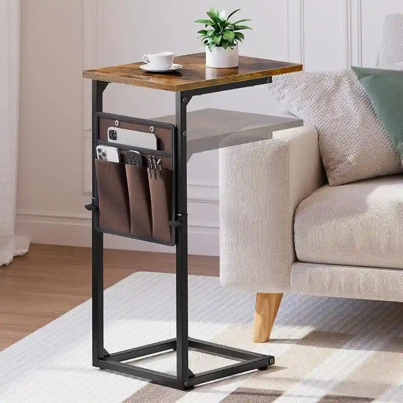 Table d'appoint en C à hauteur réglable avec sac de rangement – Marron rustique / Greige / Noir / Blanc – 1 personne