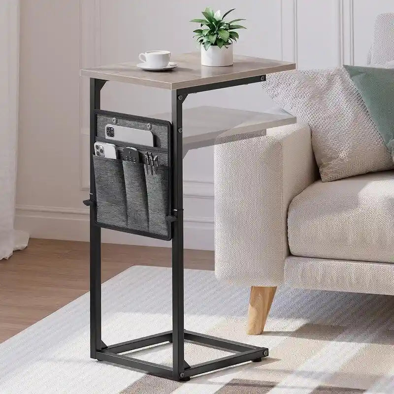 Table d'appoint en C à hauteur réglable avec sac de rangement – Marron rustique / Greige / Noir / Blanc – 1 personne