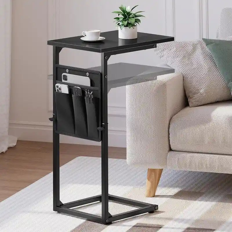 Table d'appoint en C à hauteur réglable avec sac de rangement – Marron rustique / Greige / Noir / Blanc – 1 personne
