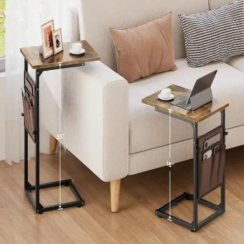 Table d'appoint en C à hauteur réglable avec sac de rangement – Marron rustique / Greige / Noir / Blanc – 1 personne