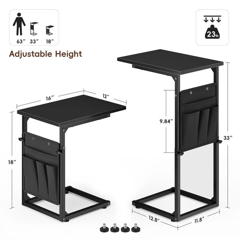 Table d'appoint en C à hauteur réglable avec sac de rangement – Marron rustique / Greige / Noir / Blanc – 1 personne