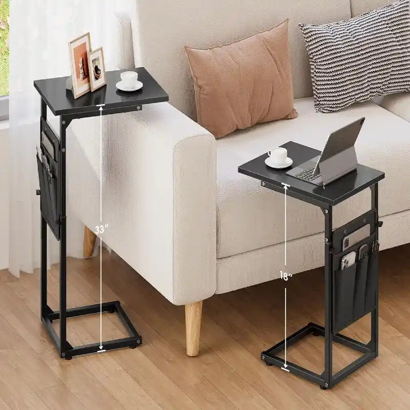 Table d'appoint en C à hauteur réglable avec sac de rangement – Marron rustique / Greige / Noir / Blanc – 1 personne