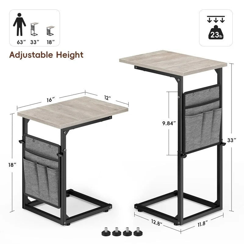 Table d'appoint en C à hauteur réglable avec sac de rangement – Marron rustique / Greige / Noir / Blanc – 1 personne