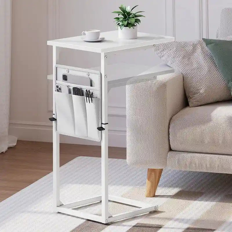 Table d'appoint en C à hauteur réglable avec sac de rangement – Marron rustique / Greige / Noir / Blanc – 1 personne