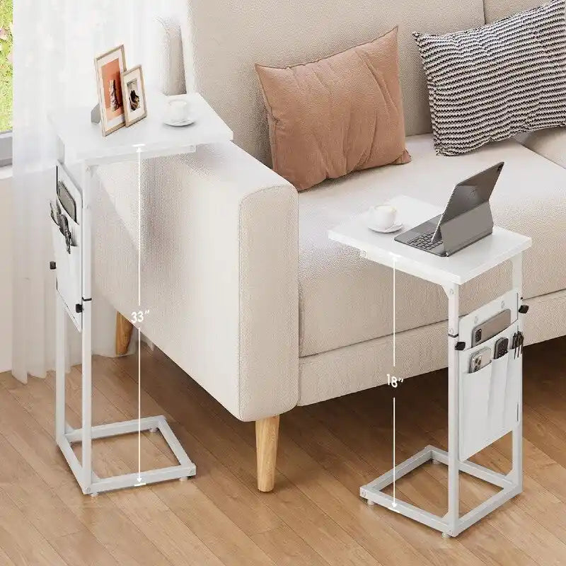 Table d'appoint en C à hauteur réglable avec sac de rangement – Marron rustique / Greige / Noir / Blanc – 1 personne