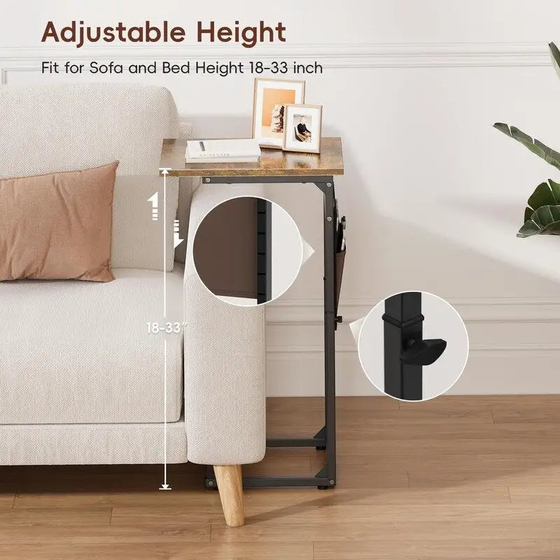 Table d'appoint en C à hauteur réglable avec sac de rangement – Marron rustique / Greige / Noir / Blanc – 1 personne