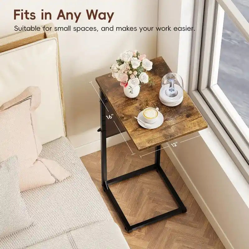 Table d'appoint en C à hauteur réglable avec sac de rangement – Marron rustique / Greige / Noir / Blanc – 1 personne