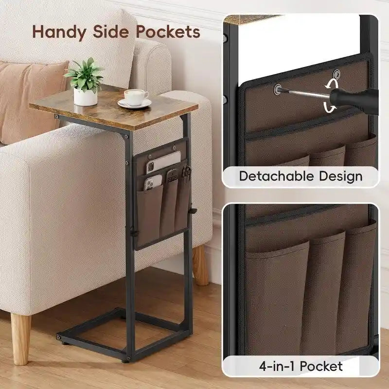 Table d'appoint en C à hauteur réglable avec sac de rangement – Marron rustique / Greige / Noir / Blanc – 1 personne