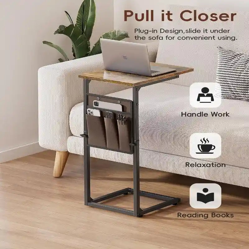 Table d'appoint en C à hauteur réglable avec sac de rangement – Marron rustique / Greige / Noir / Blanc – 1 personne
