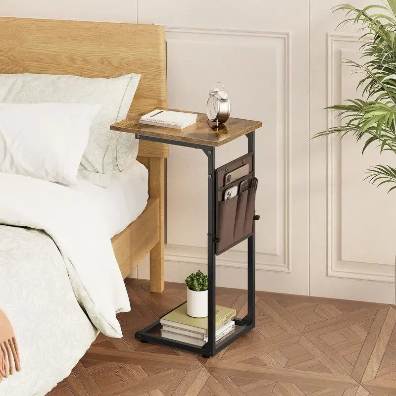 Table d'appoint en C à hauteur réglable avec sac de rangement – Marron rustique / Greige / Noir / Blanc – 1 personne