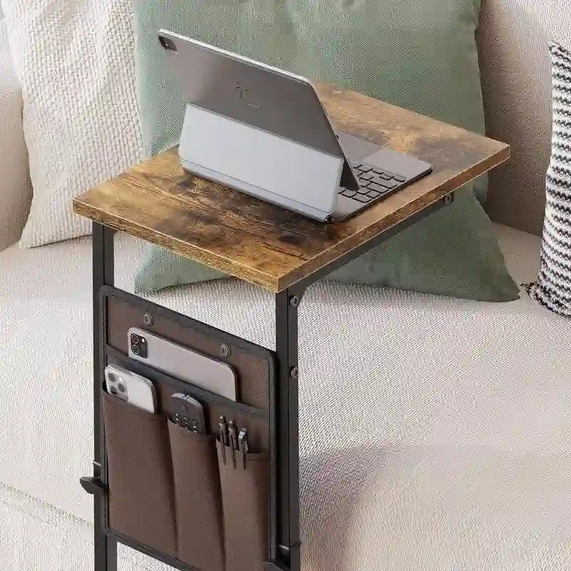 Table d'appoint en C à hauteur réglable avec sac de rangement – Marron rustique / Greige / Noir / Blanc – 1 personne