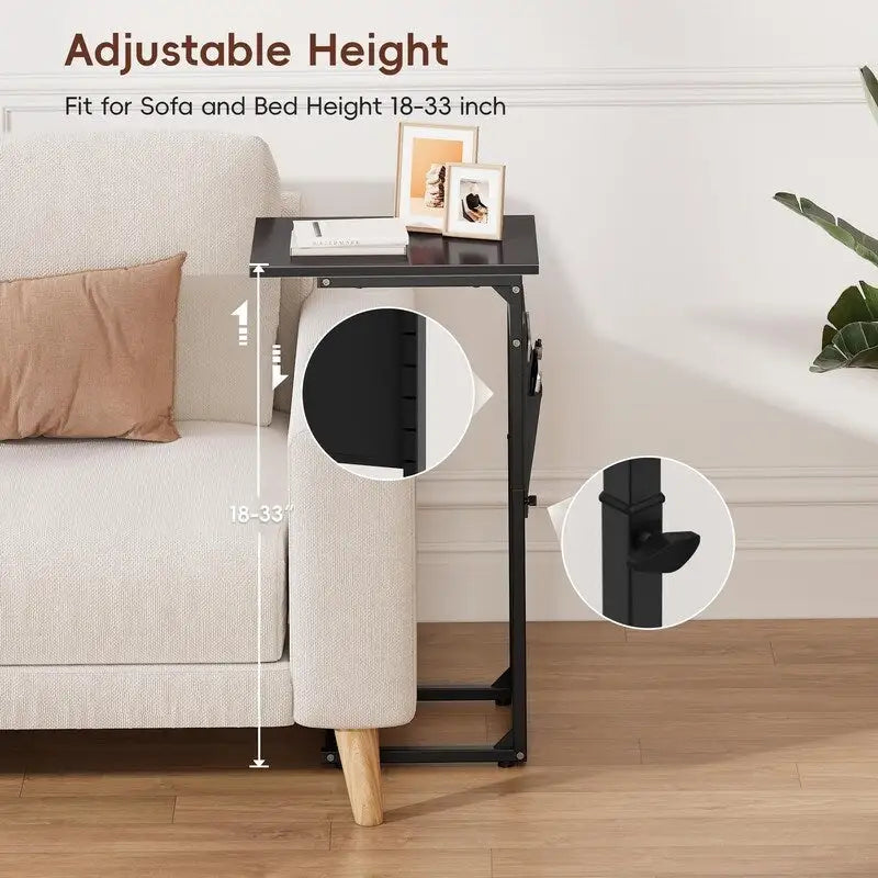 Table d'appoint en C à hauteur réglable avec sac de rangement – Marron rustique / Greige / Noir / Blanc – 1 personne
