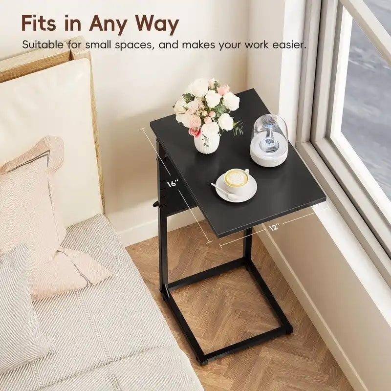 Table d'appoint en C à hauteur réglable avec sac de rangement – Marron rustique / Greige / Noir / Blanc – 1 personne