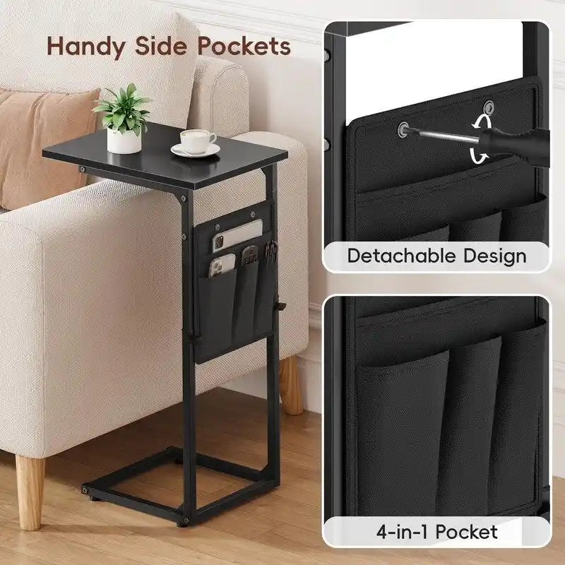 Table d'appoint en C à hauteur réglable avec sac de rangement – Marron rustique / Greige / Noir / Blanc – 1 personne