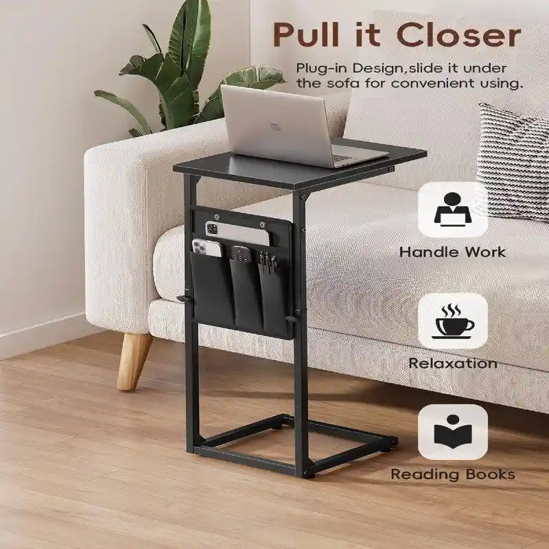 Table d'appoint en C à hauteur réglable avec sac de rangement – Marron rustique / Greige / Noir / Blanc – 1 personne