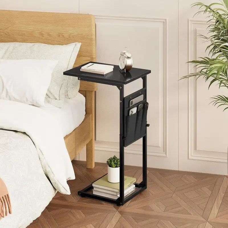 Table d'appoint en C à hauteur réglable avec sac de rangement – Marron rustique / Greige / Noir / Blanc – 1 personne