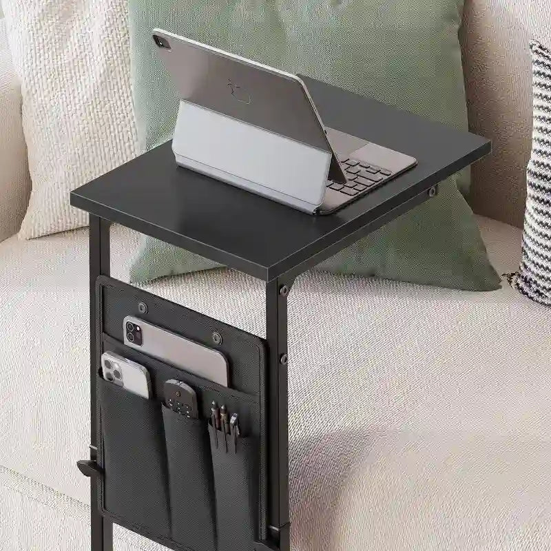 Table d'appoint en C à hauteur réglable avec sac de rangement – Marron rustique / Greige / Noir / Blanc – 1 personne