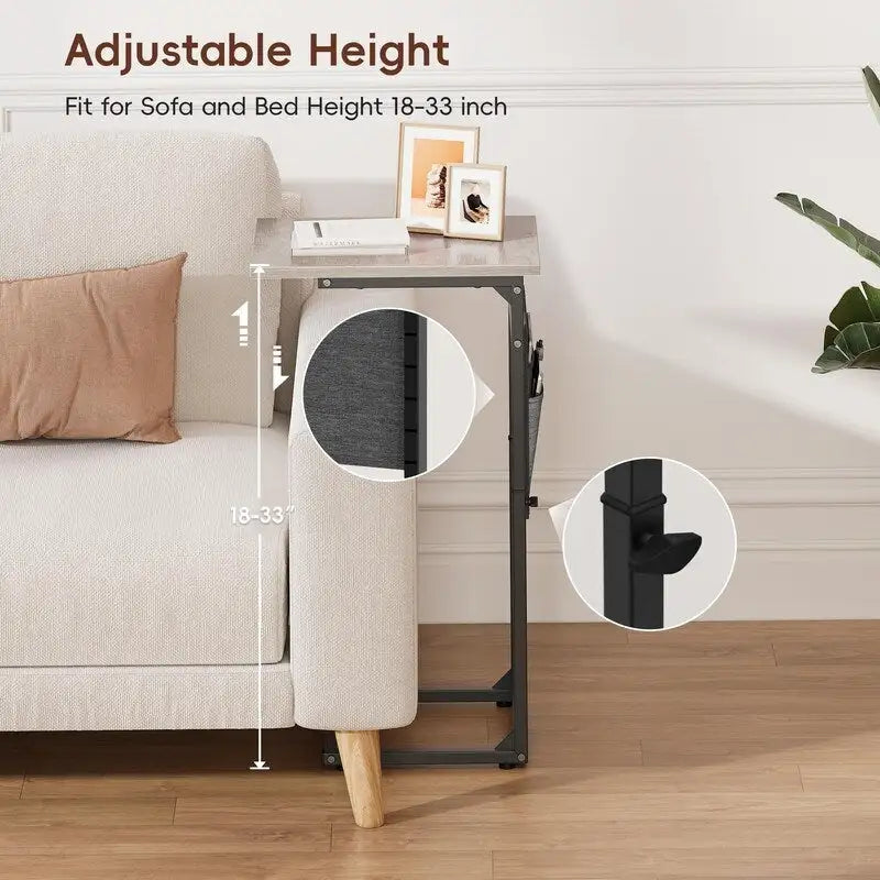 Table d'appoint en C à hauteur réglable avec sac de rangement – Marron rustique / Greige / Noir / Blanc – 1 personne