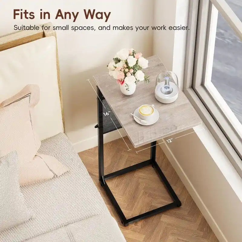 Table d'appoint en C à hauteur réglable avec sac de rangement – Marron rustique / Greige / Noir / Blanc – 1 personne
