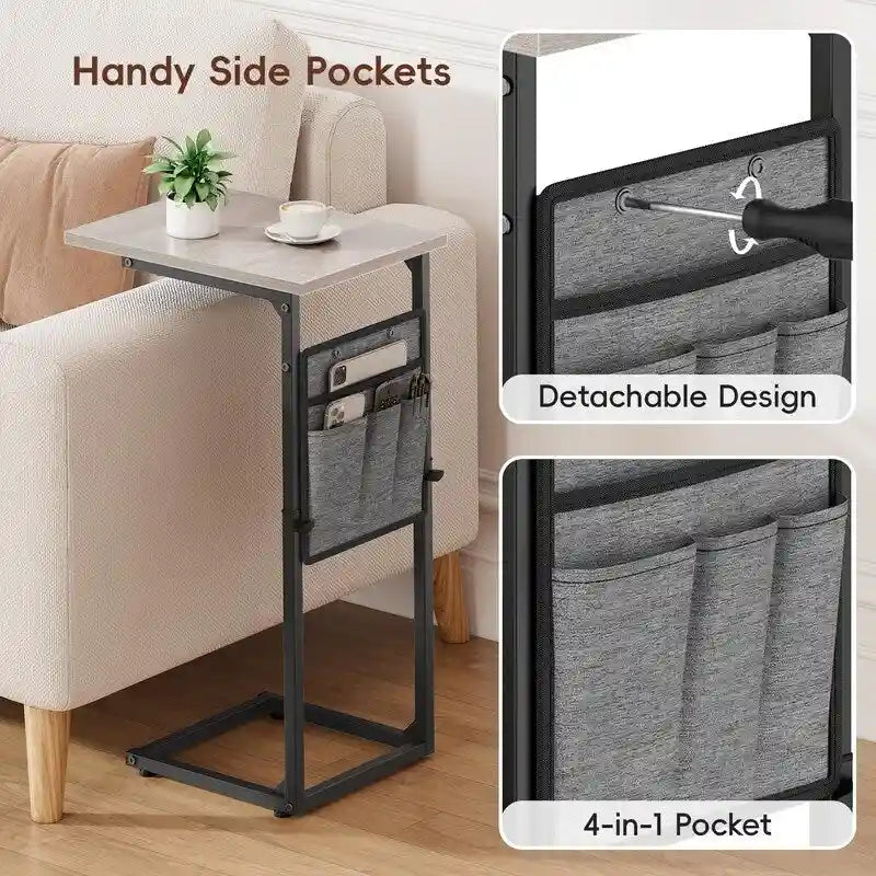 Table d'appoint en C à hauteur réglable avec sac de rangement – Marron rustique / Greige / Noir / Blanc – 1 personne