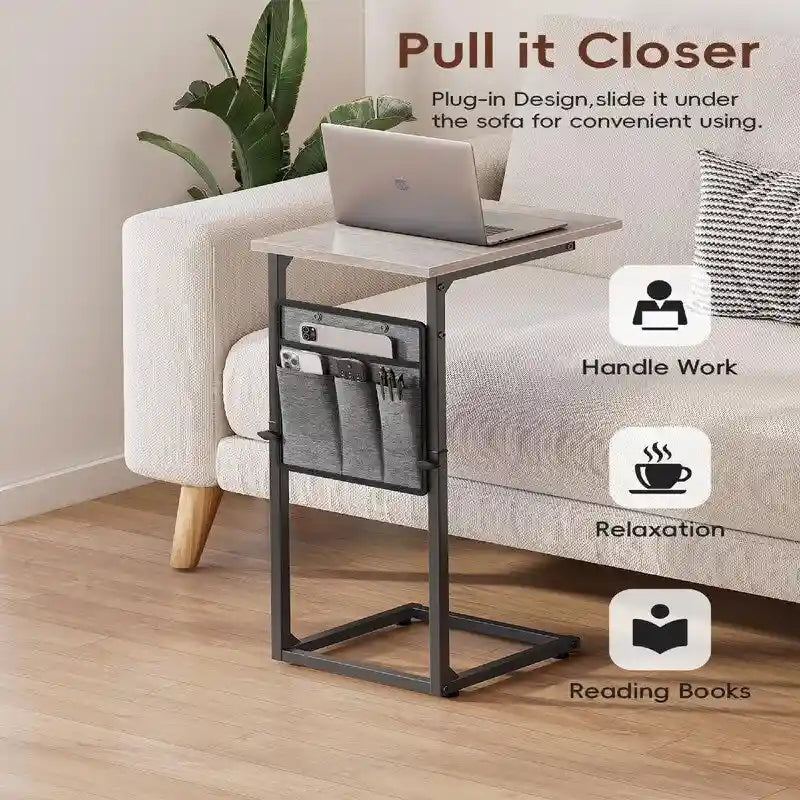 Table d'appoint en C à hauteur réglable avec sac de rangement – Marron rustique / Greige / Noir / Blanc – 1 personne